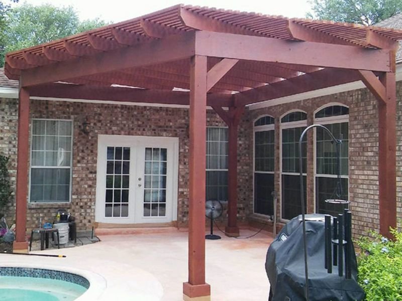 red pergola poolside patio
