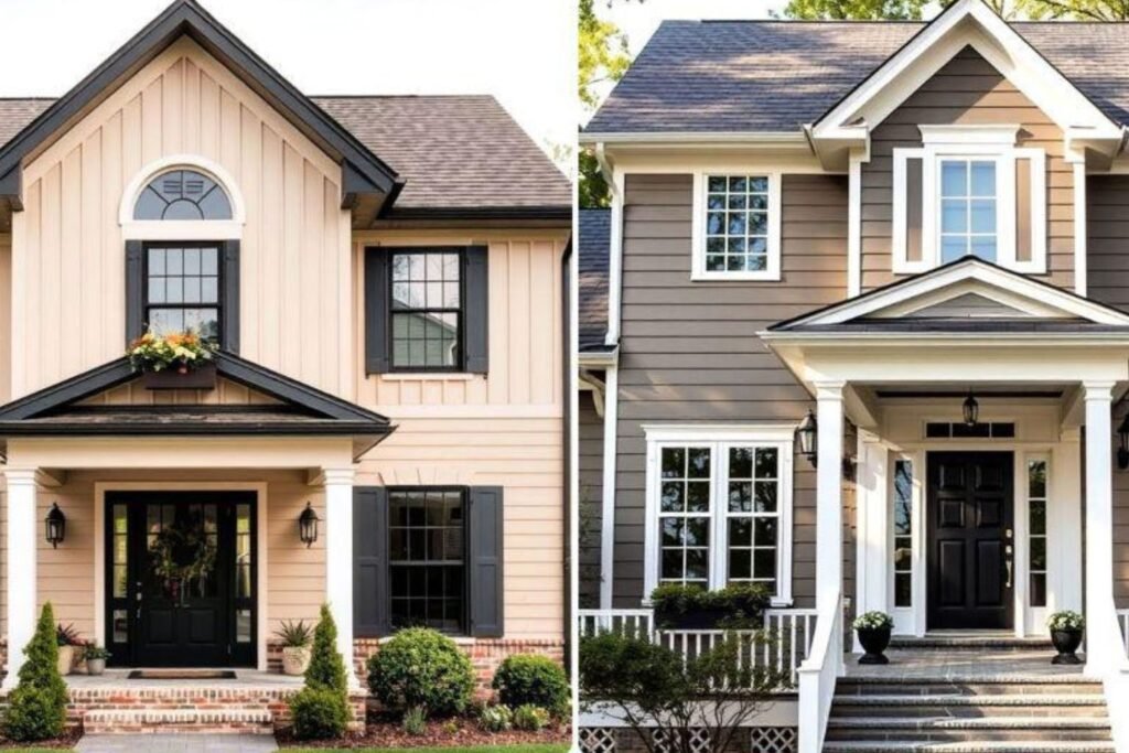 greige house exterior with white trim and black front door