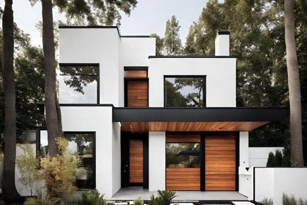 modern white house exterior with black trim and wood accents