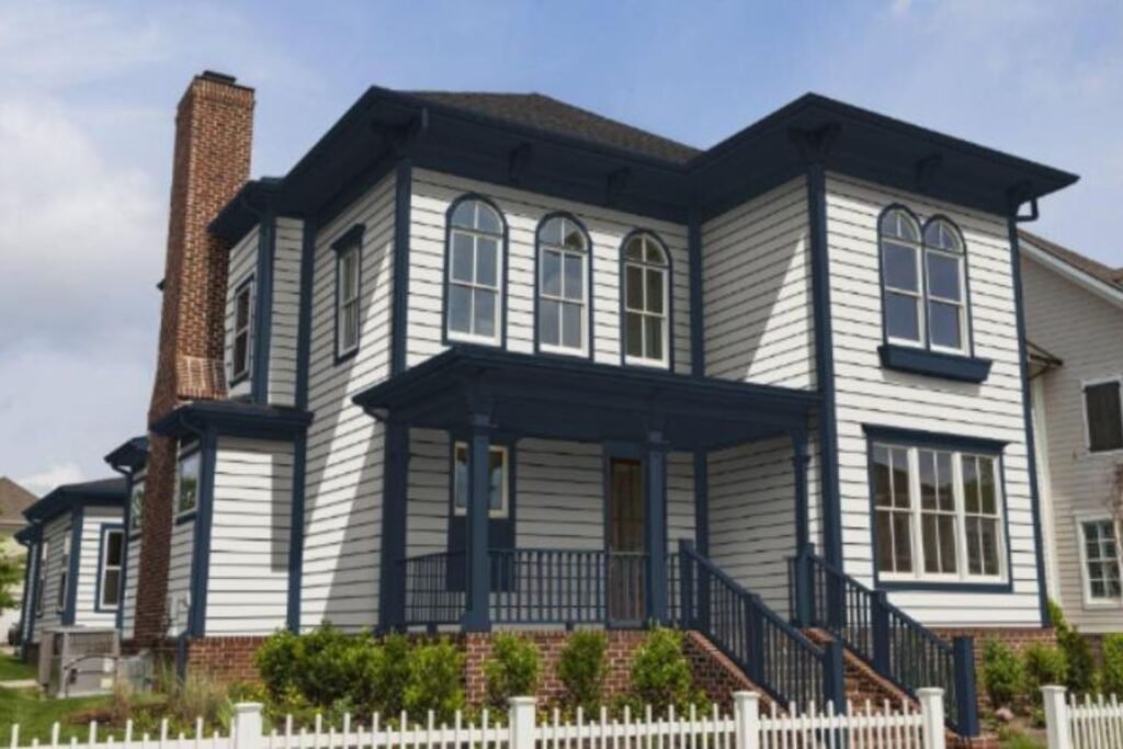 navy blue house exterior with white trim