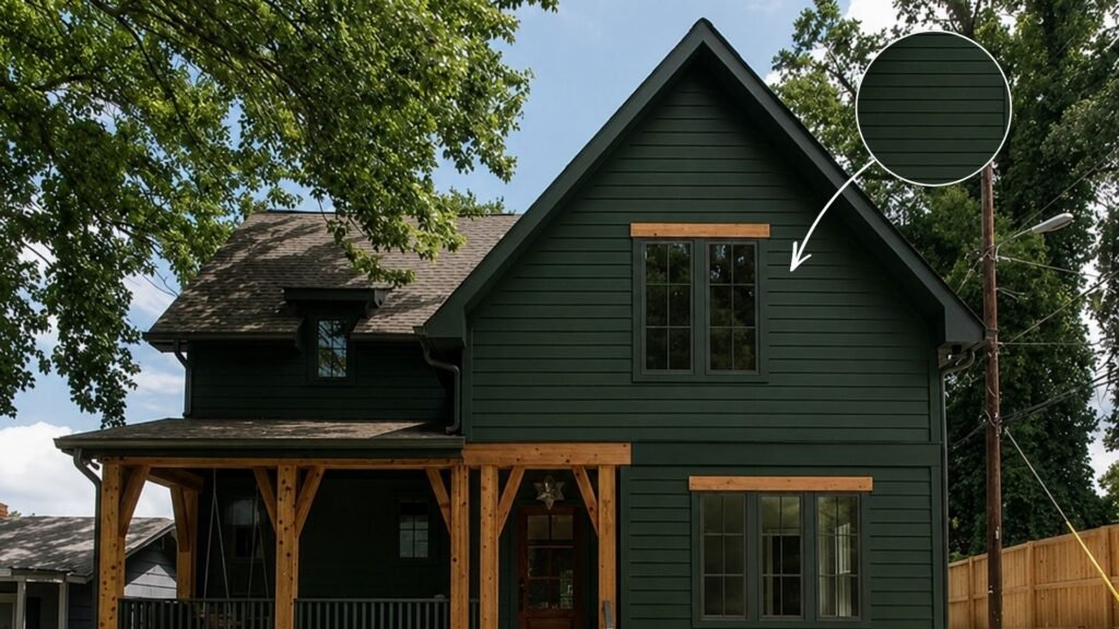 Deep forest green vinyl-sided modern house with wood accents