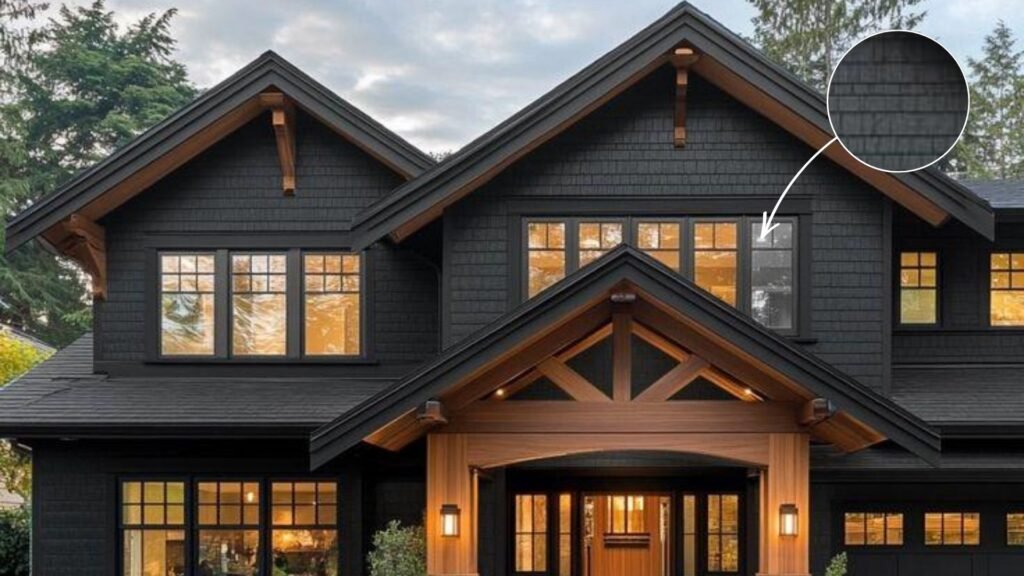Luxury modern home with black vinyl siding and wood accents