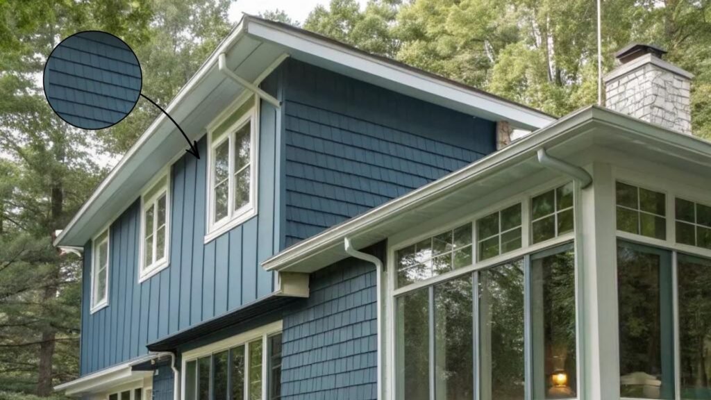 Modern blue house exterior with large windows and landscaped garden