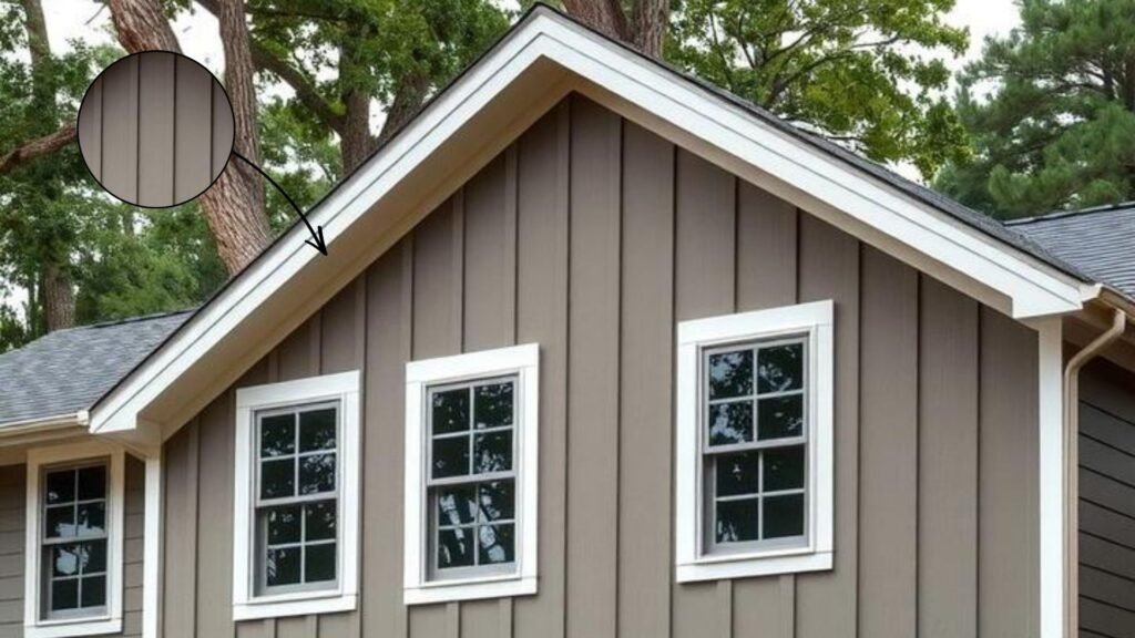 Modern earthy taupe house exterior with white trim and dark blue front door