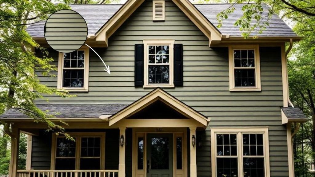 Modern green house exterior with cream trim and black shutters