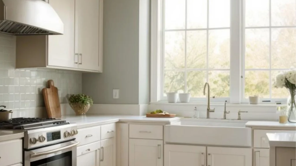 Modern white kitchen with farmhouse sink and wood floors.