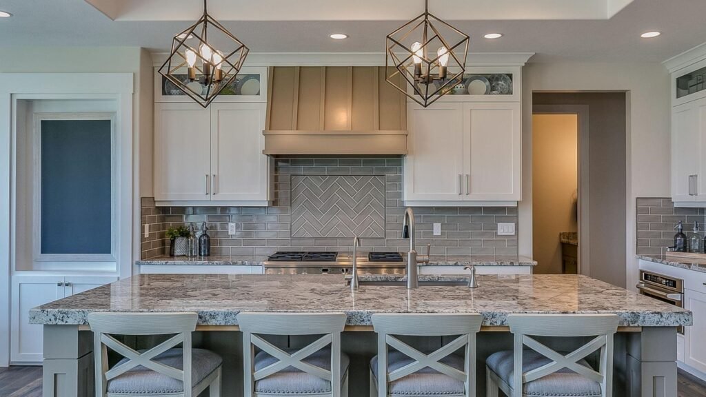 Modern white kitchen with large island