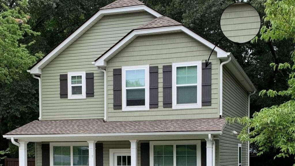Sage green exterior siding on a modern farmhouse design