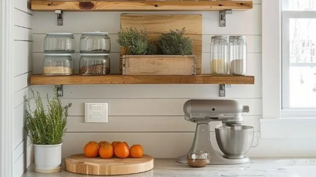 Small kitchen with rustic open shelves