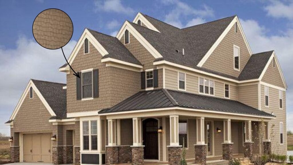 Soft beige exterior siding with stone accents and modern landscaping