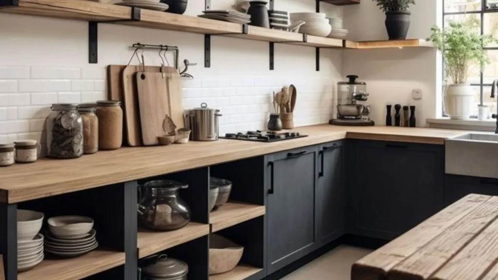 small modern farmhouse kitchen open shelves