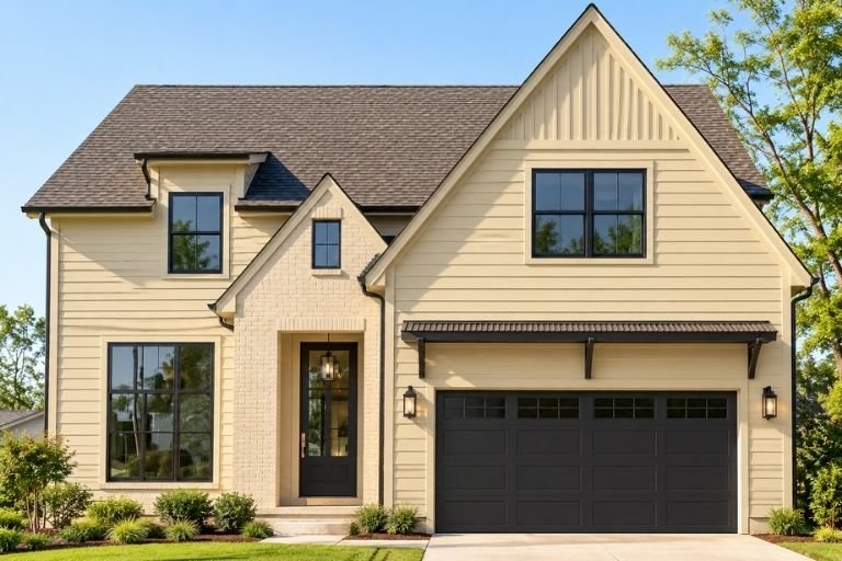 Warm beige exterior paint on a modern two-story house