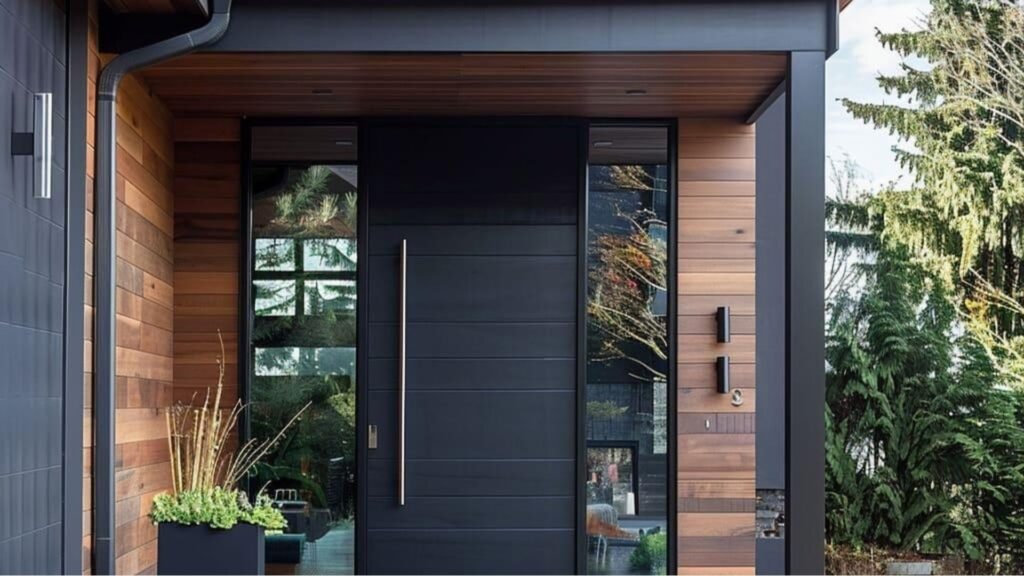 modern front door design with wood accents and black trim