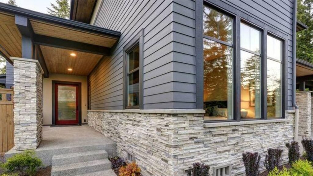 modern vertical siding and stone exterior design