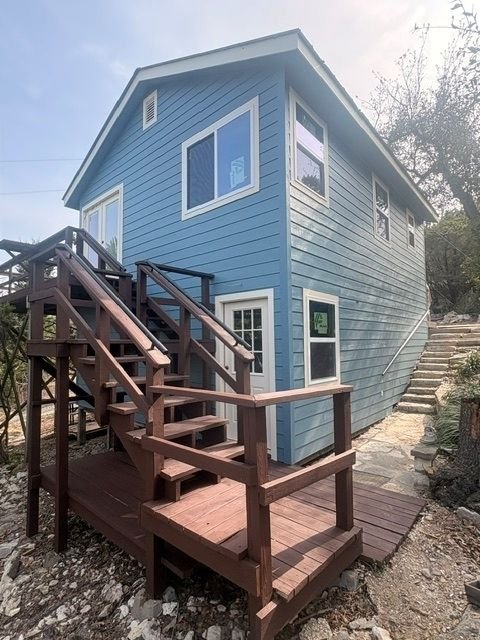 Blue house exterior staircase view