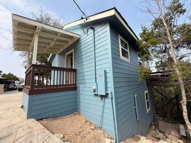 Blue house side exterior