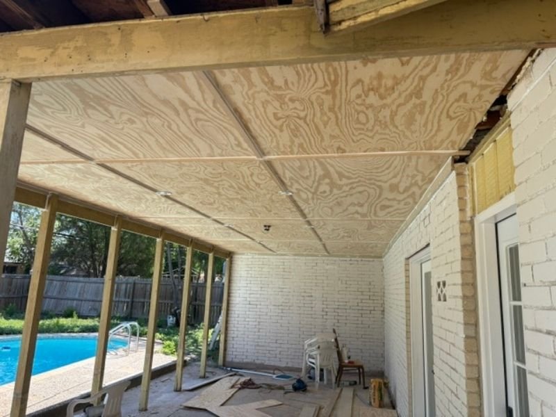 Covered patio ceiling framing before finishing