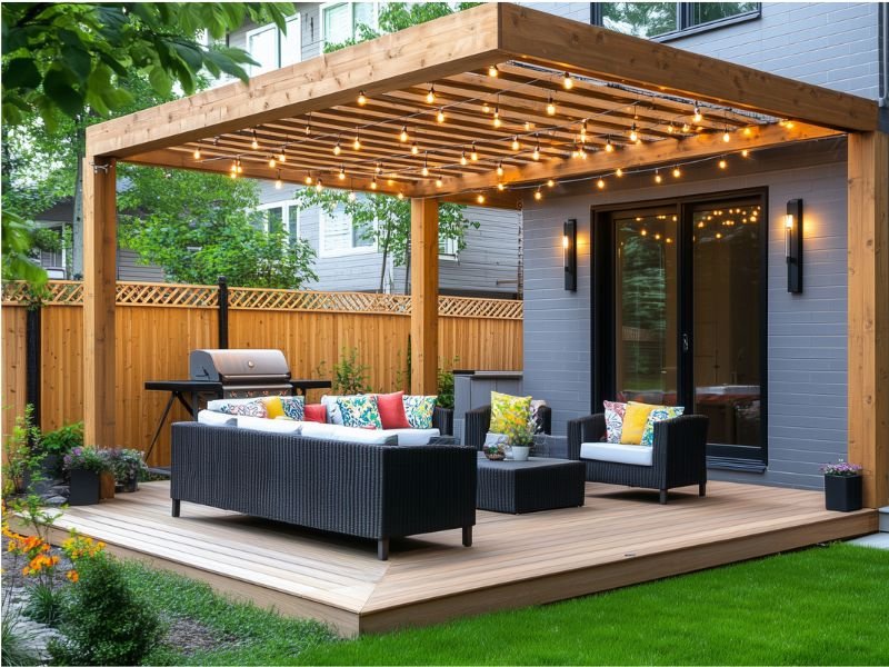 Modern pergola with string lights